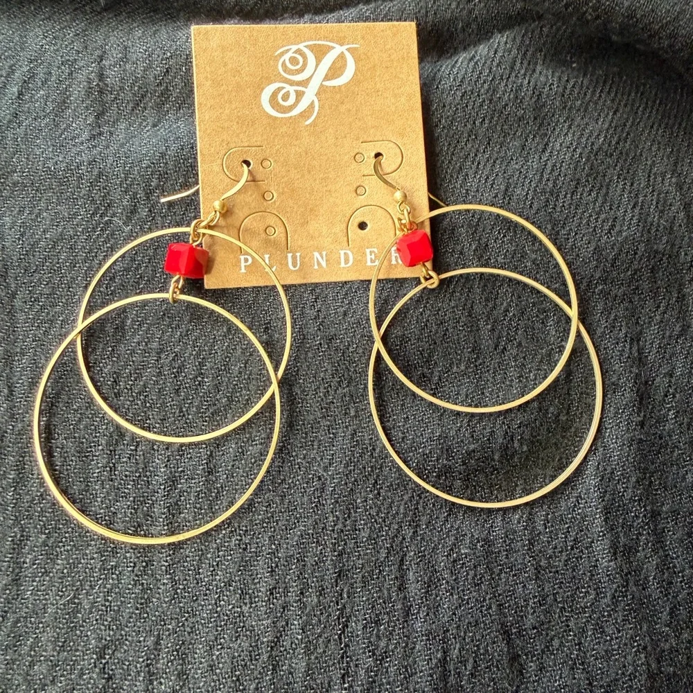‼️NWT Plunder Gold Double Hoop Earrings with Red Charm